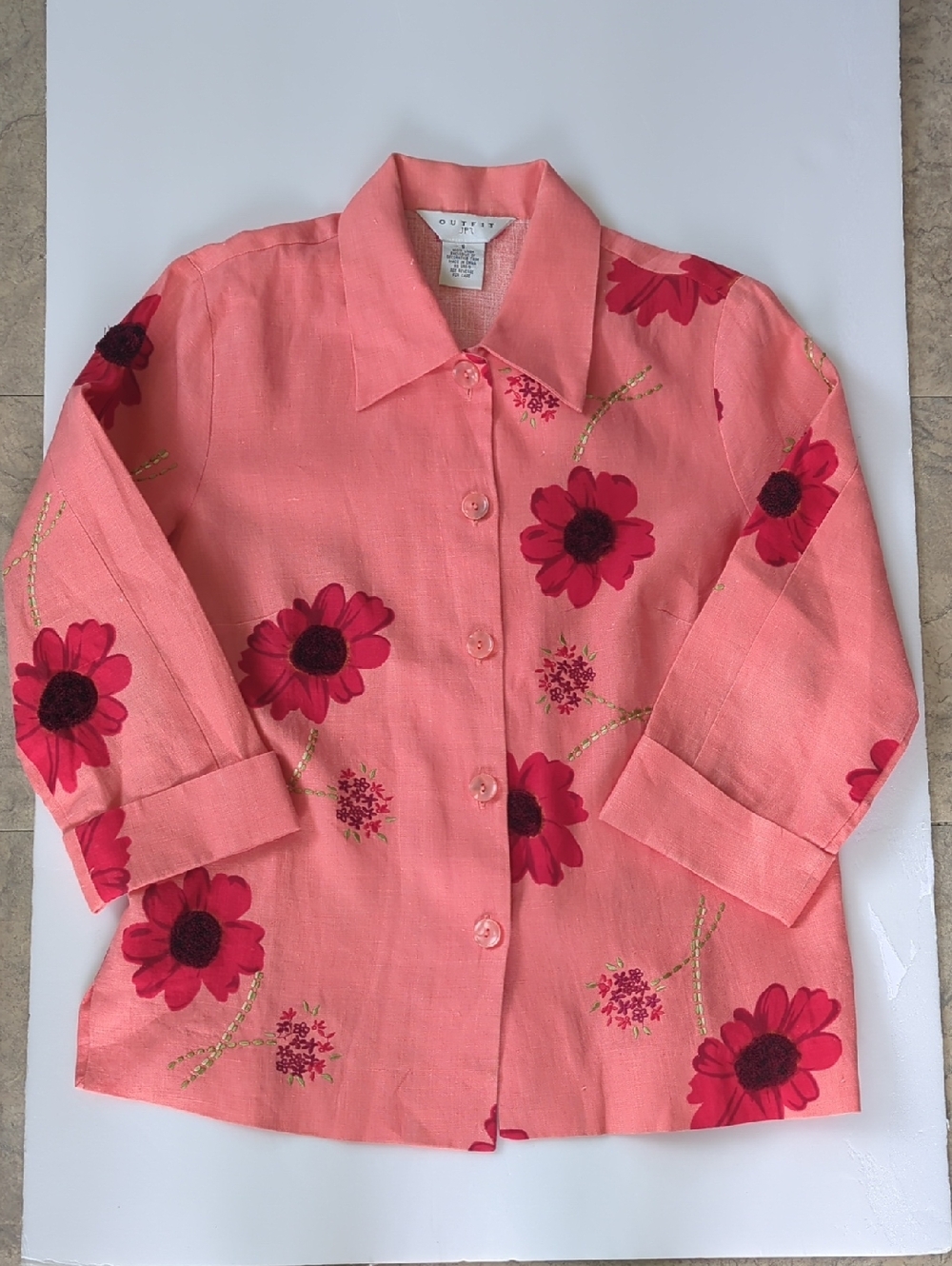 Women's Linen Coral Pink Floral Button-Front Jacket, Size S
